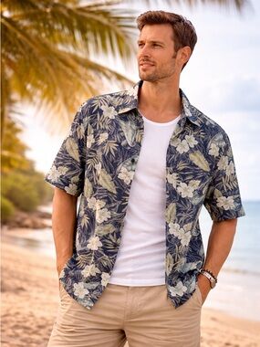 Summa Silk Hawaiian Shirt Mens Large Blue Tropical Aloha Resort Button Up